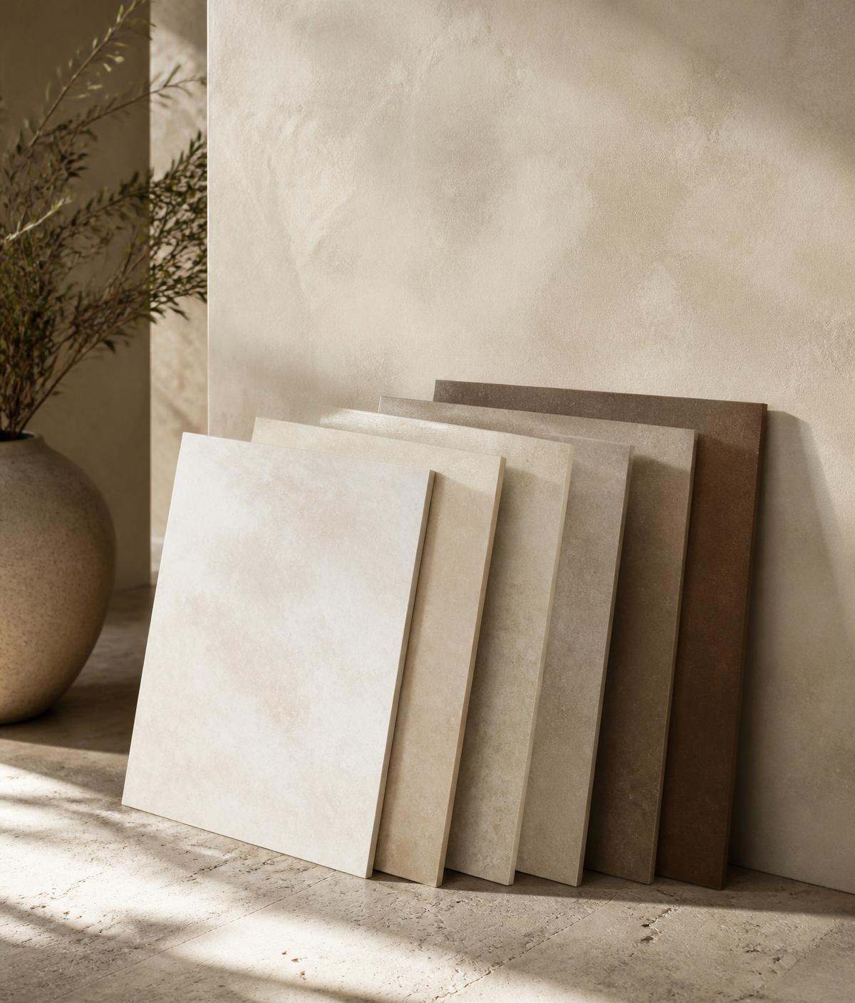 Stack of large ceramic tile samples in white, beige and brown leaning against a textured wall